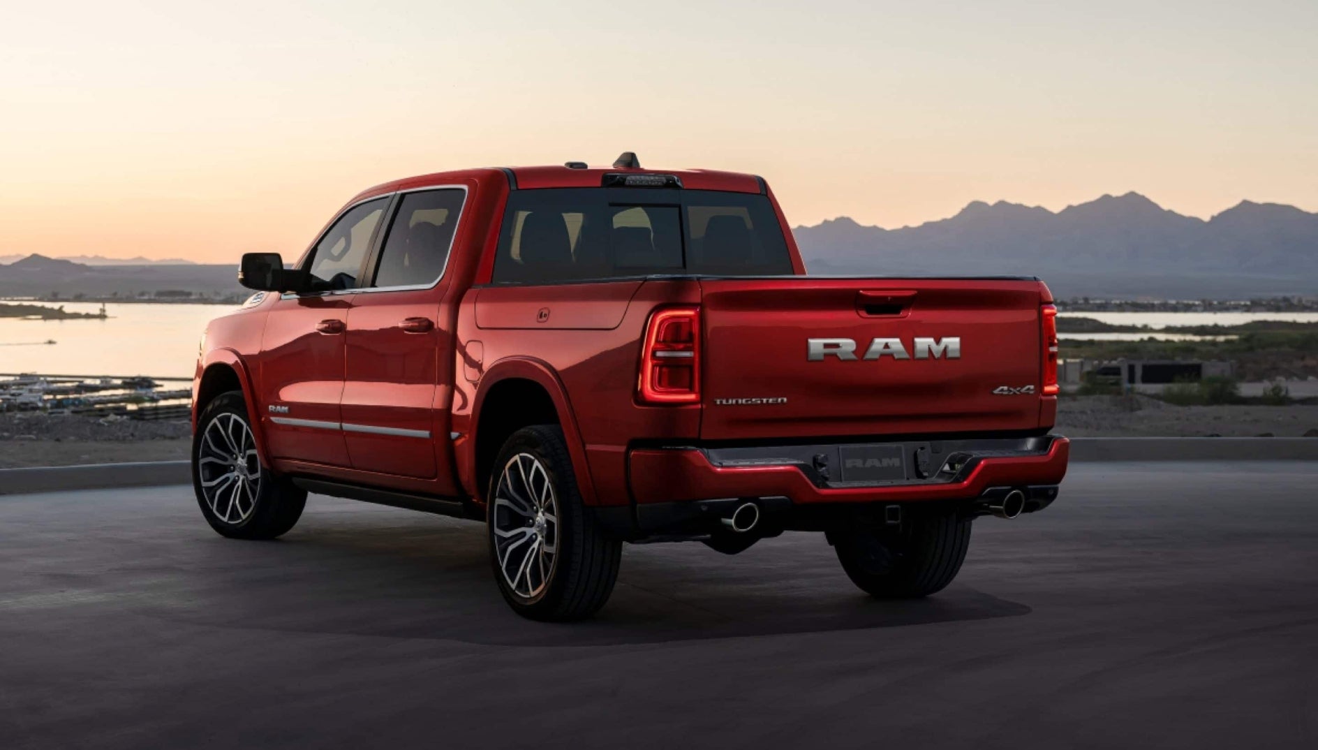 A rear view of a red RAM 1500.