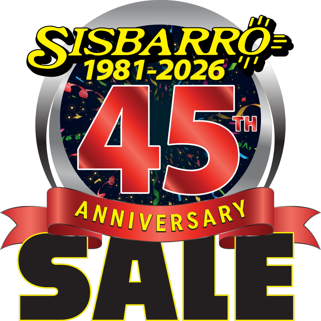A banner celebrating Sisbarro's 45th anniversary.